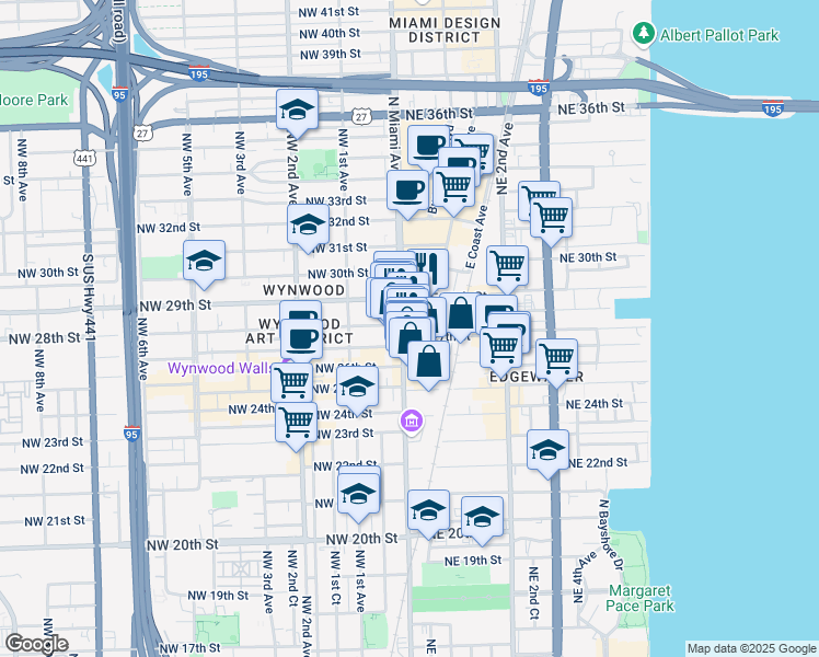 map of restaurants, bars, coffee shops, grocery stores, and more near in Miami
