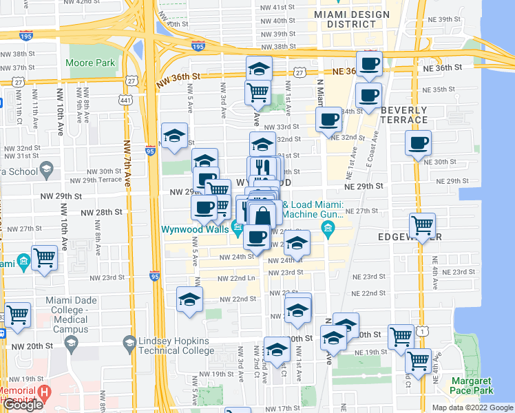 map of restaurants, bars, coffee shops, grocery stores, and more near 197 Northwest 28th Street in Miami