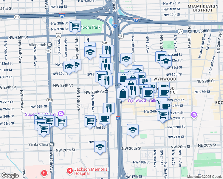 map of restaurants, bars, coffee shops, grocery stores, and more near 661 Northwest 28th Street in Miami