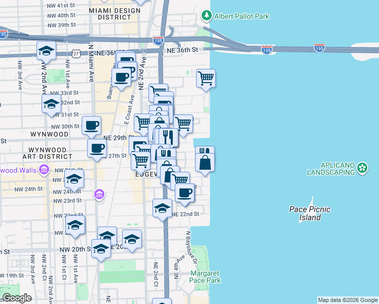map of restaurants, bars, coffee shops, grocery stores, and more near 511 Northeast 27th Street in Miami