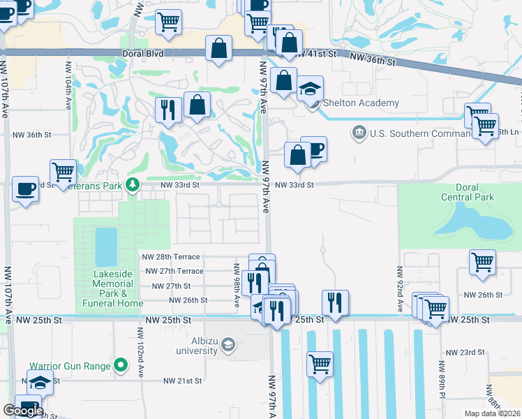 map of restaurants, bars, coffee shops, grocery stores, and more near 3073 Northwest 97th Court in Doral