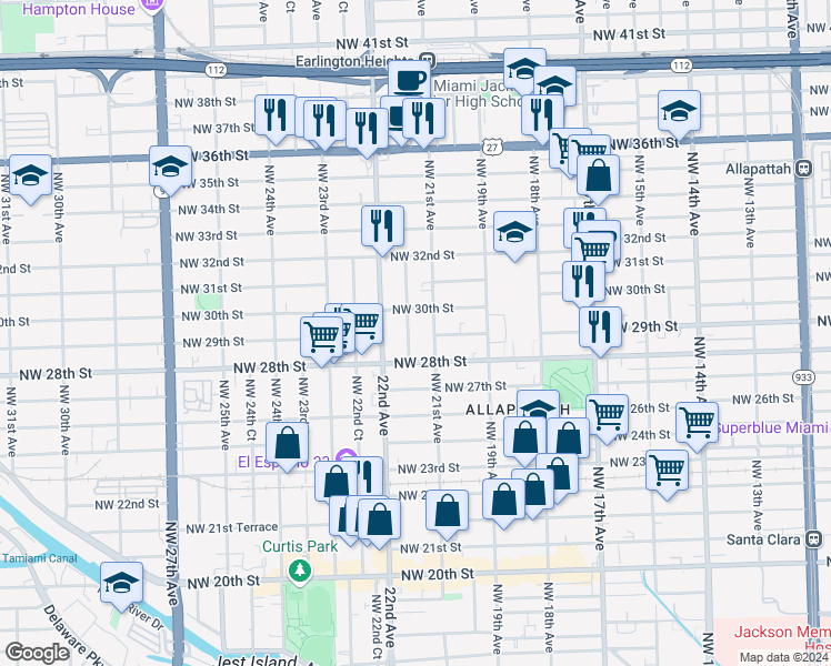 map of restaurants, bars, coffee shops, grocery stores, and more near 2901 Northwest 21st Court in Miami