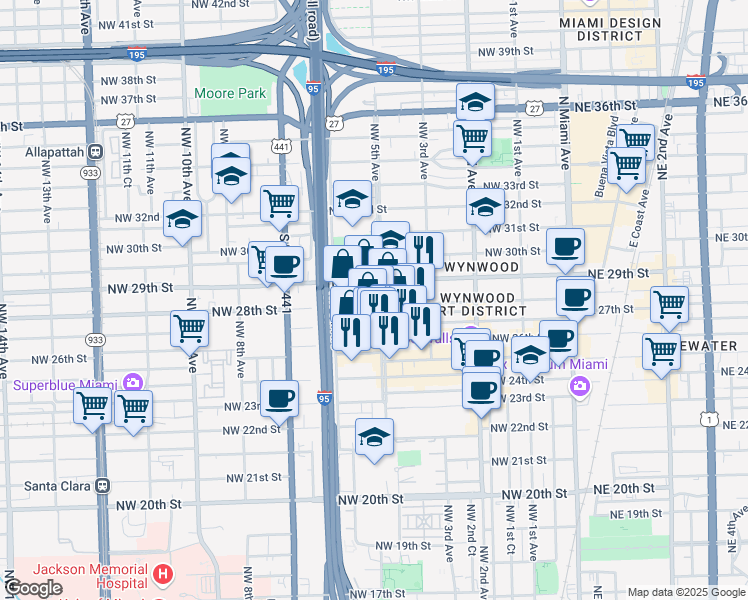 map of restaurants, bars, coffee shops, grocery stores, and more near 2800 Northwest 5 Avenue in Miami