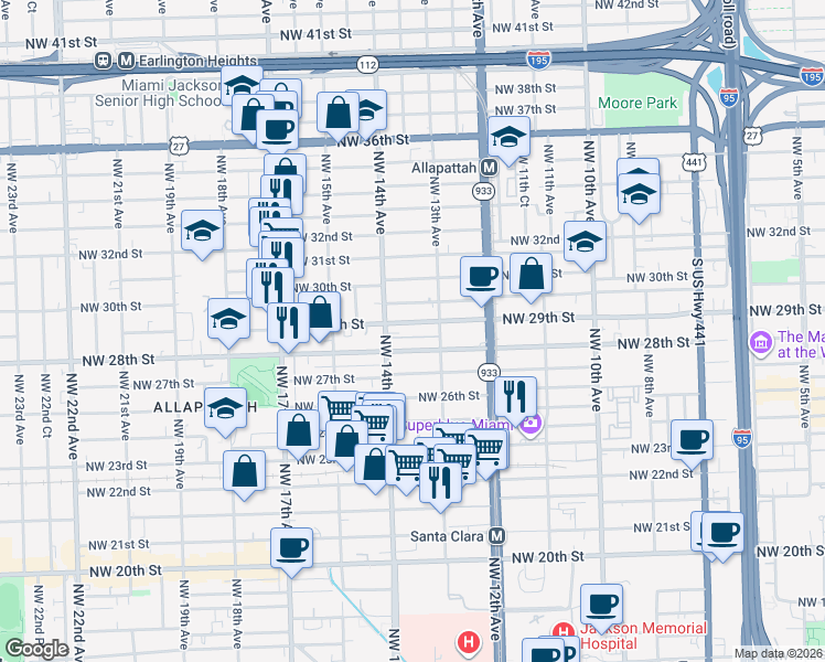 map of restaurants, bars, coffee shops, grocery stores, and more near 1352 Northwest 29th Street in Miami