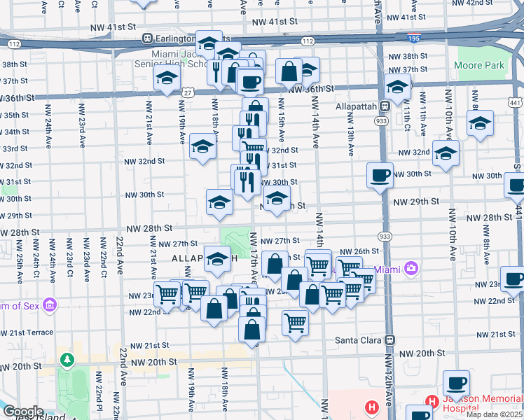 map of restaurants, bars, coffee shops, grocery stores, and more near 1590 Northwest 29th Street in Miami