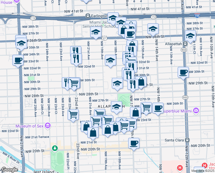 map of restaurants, bars, coffee shops, grocery stores, and more near 2891 Northwest 19th Avenue in Miami