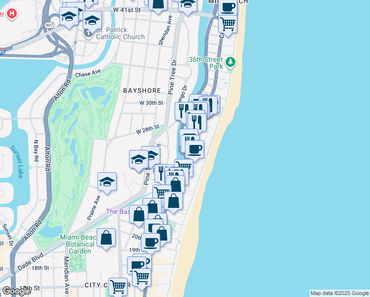 map of restaurants, bars, coffee shops, grocery stores, and more near in Miami Beach