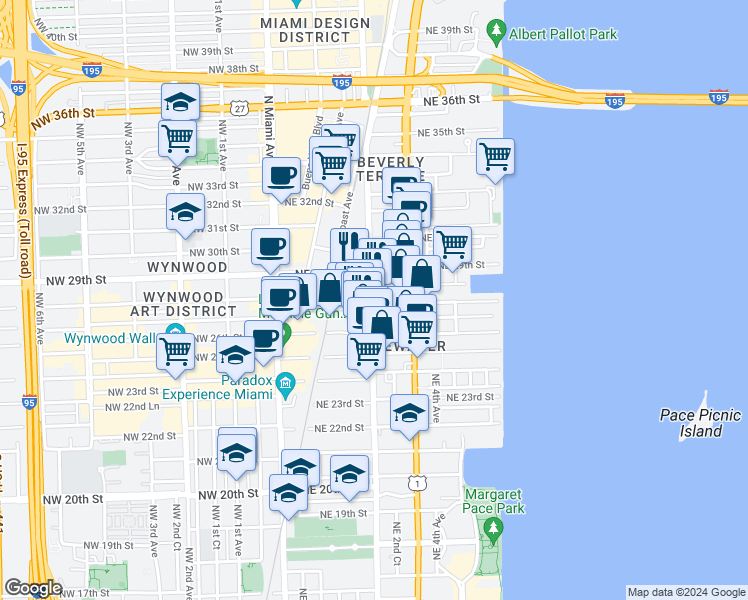 map of restaurants, bars, coffee shops, grocery stores, and more near 161 Northeast 27th Street in Miami