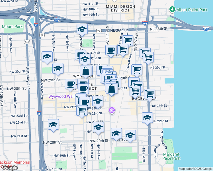 map of restaurants, bars, coffee shops, grocery stores, and more near 46 Northwest 28th Street in Miami
