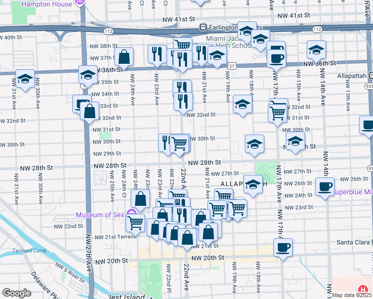 map of restaurants, bars, coffee shops, grocery stores, and more near 2900 Northwest 22nd Avenue in Miami