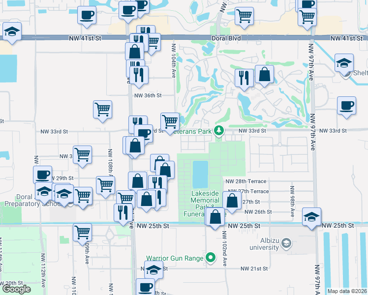 map of restaurants, bars, coffee shops, grocery stores, and more near 10359 Northwest 30th Terrace in Doral
