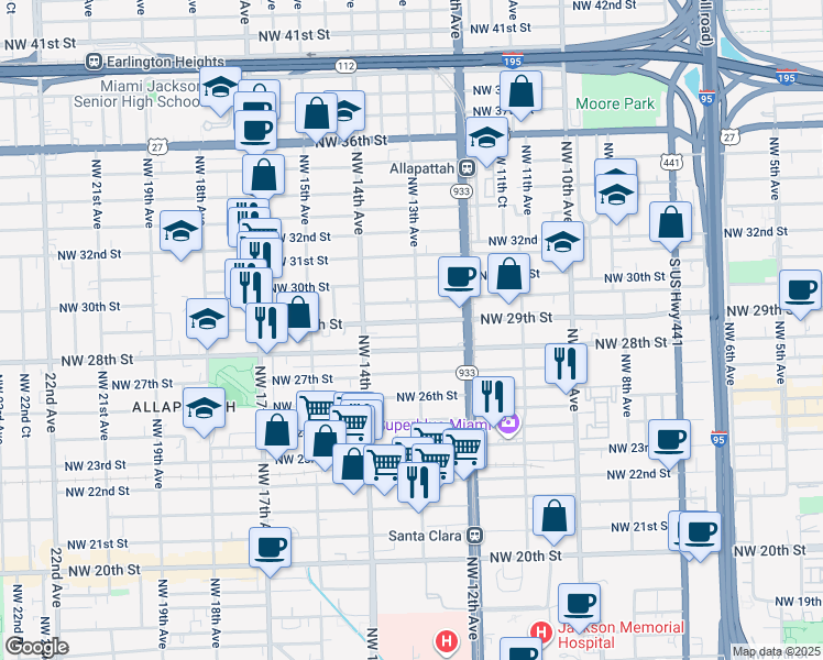 map of restaurants, bars, coffee shops, grocery stores, and more near 1278 Northwest 29th Street in Miami