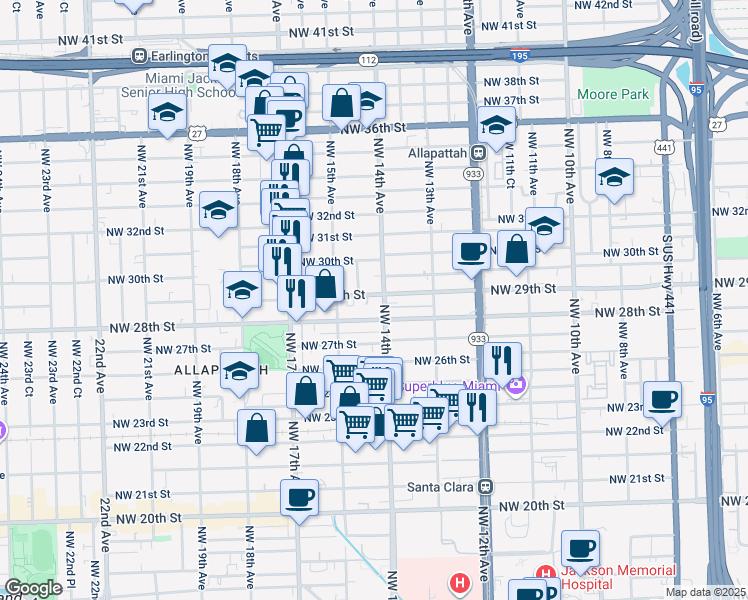 map of restaurants, bars, coffee shops, grocery stores, and more near 1406 Northwest 29th Street in Miami