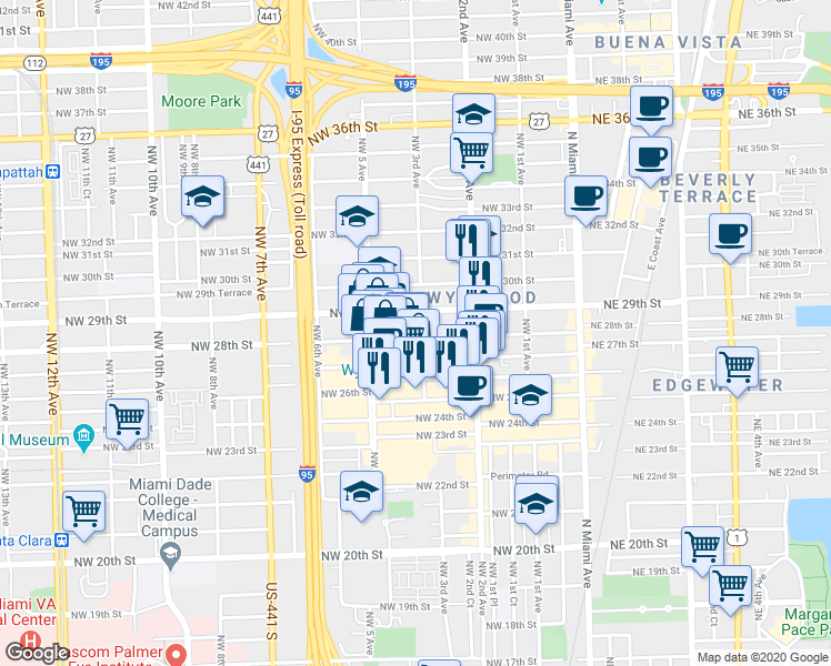 map of restaurants, bars, coffee shops, grocery stores, and more near 328 Northwest 29th Street in Miami