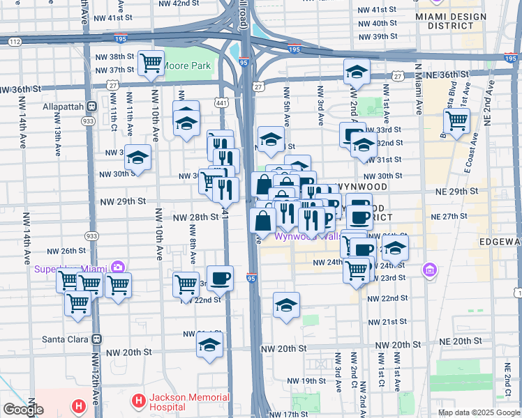 map of restaurants, bars, coffee shops, grocery stores, and more near 2801 Northwest 6th Avenue in Miami