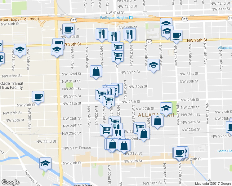 map of restaurants, bars, coffee shops, grocery stores, and more near 2900 Northwest 22nd Avenue in Miami