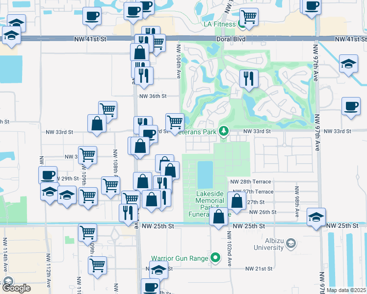 map of restaurants, bars, coffee shops, grocery stores, and more near 10418 Northwest 31st Terrace in Doral