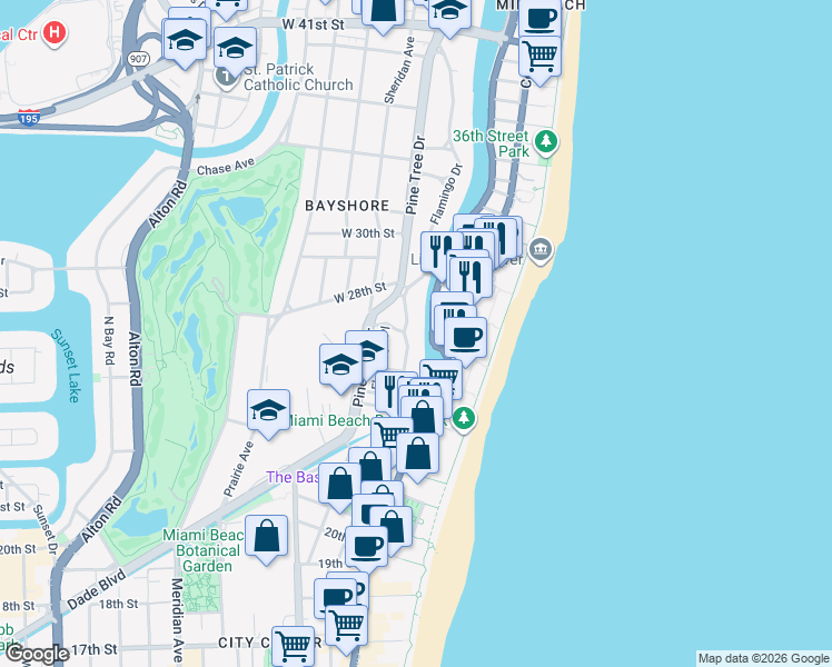 map of restaurants, bars, coffee shops, grocery stores, and more near in Miami Beach