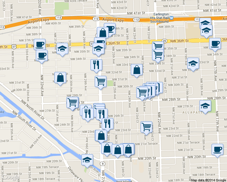 map of restaurants, bars, coffee shops, grocery stores, and more near 2904 Northwest 25th Avenue in Miami