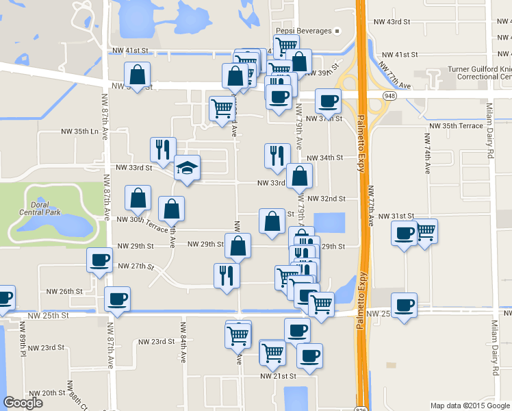 map of restaurants, bars, coffee shops, grocery stores, and more near 8081 Northwest 31st Street in Doral