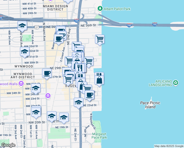 map of restaurants, bars, coffee shops, grocery stores, and more near 511 NE 27th St in Miami