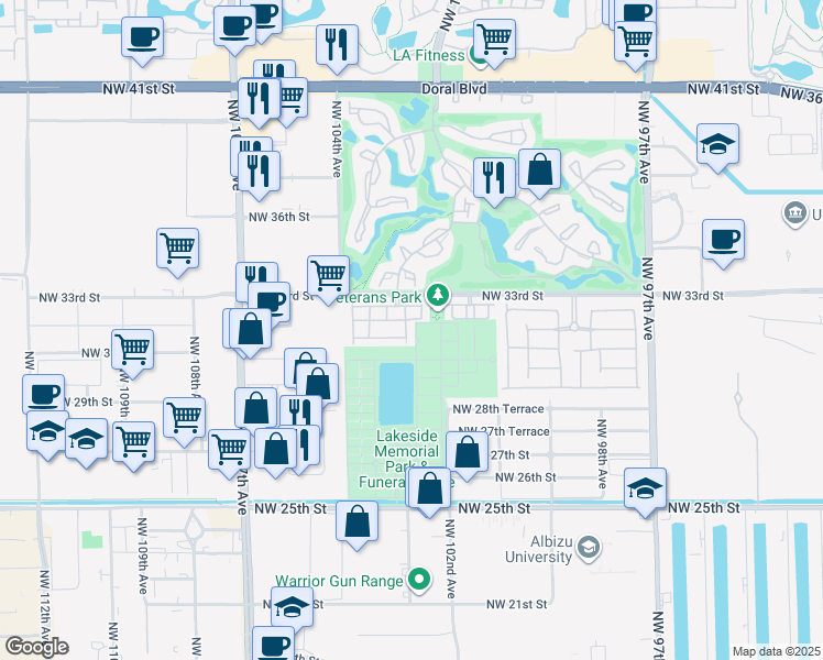 map of restaurants, bars, coffee shops, grocery stores, and more near 3133 Northwest 102nd Path in Doral
