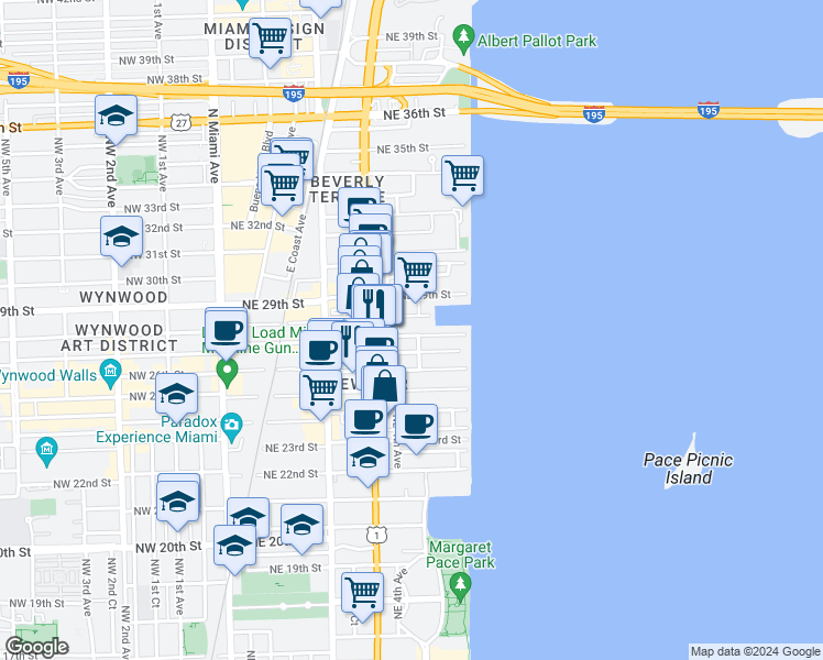 map of restaurants, bars, coffee shops, grocery stores, and more near 425 Northeast 27th Street in Miami