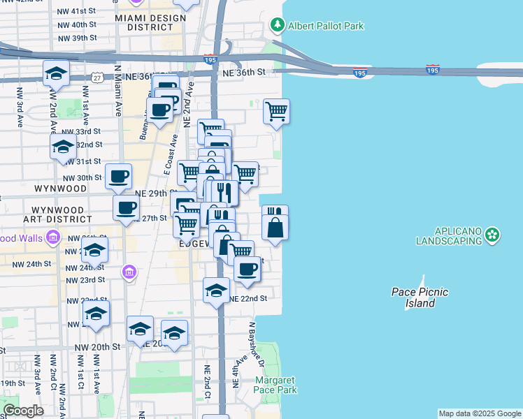 map of restaurants, bars, coffee shops, grocery stores, and more near 511 Northeast 27th Street in Miami