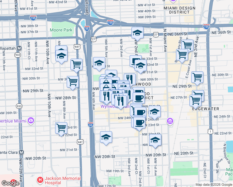 map of restaurants, bars, coffee shops, grocery stores, and more near 328 Northwest 29th Street in Miami