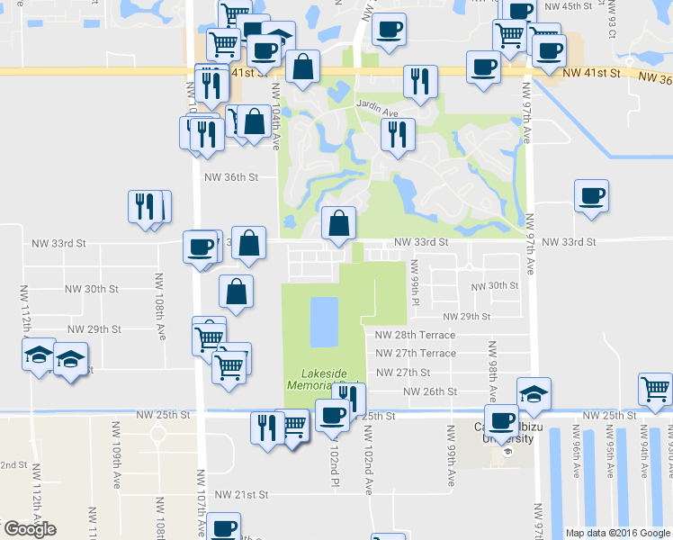 map of restaurants, bars, coffee shops, grocery stores, and more near 3129 Northwest 102nd Path in Doral