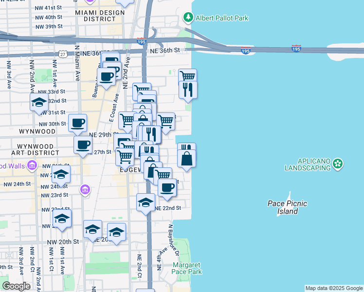map of restaurants, bars, coffee shops, grocery stores, and more near 623 Northeast 27th Street in Miami