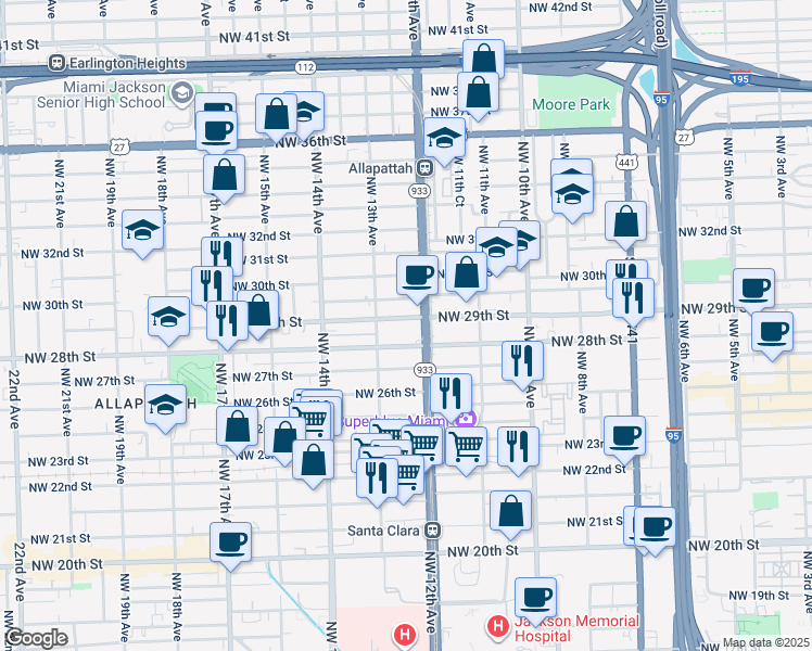map of restaurants, bars, coffee shops, grocery stores, and more near in Miami