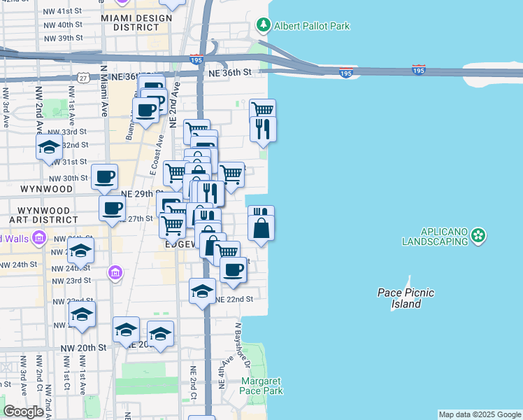 map of restaurants, bars, coffee shops, grocery stores, and more near 717 Northeast 27th Street in Miami