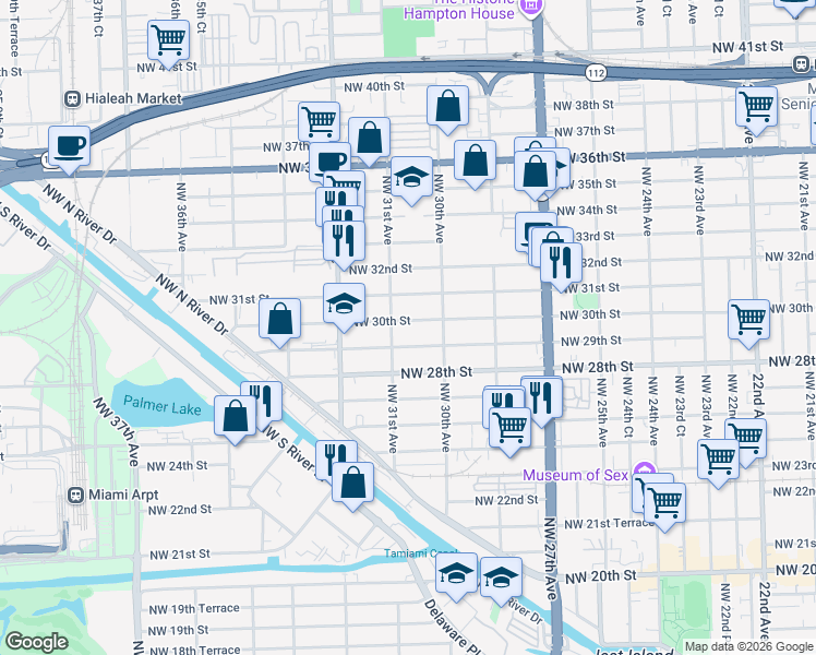 map of restaurants, bars, coffee shops, grocery stores, and more near 3066 Northwest 30th Street in Miami