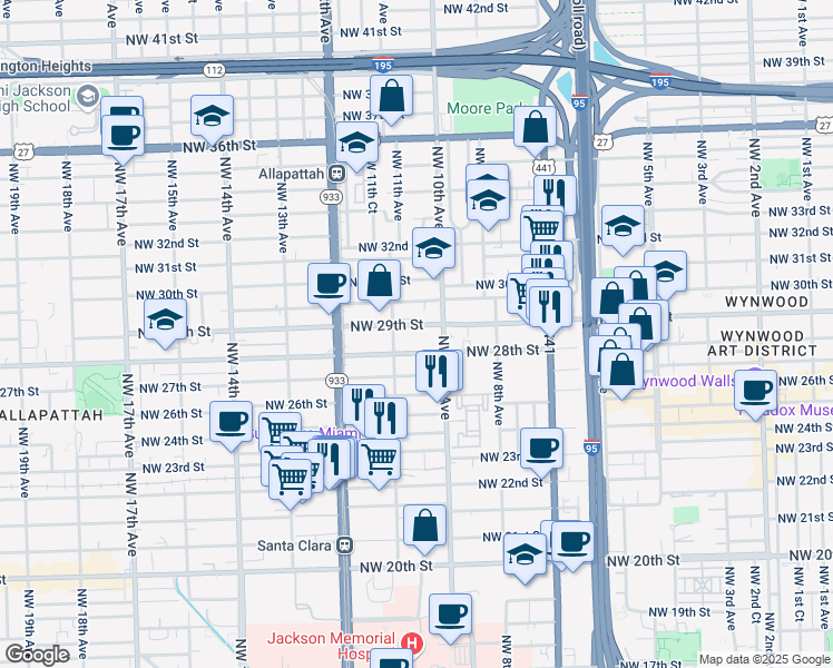map of restaurants, bars, coffee shops, grocery stores, and more near 1054 Northwest 29th Street in Miami