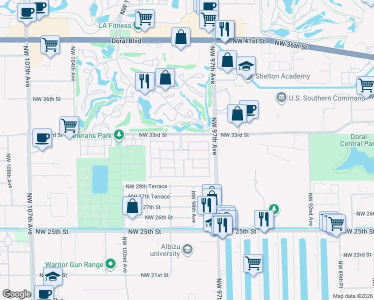 map of restaurants, bars, coffee shops, grocery stores, and more near 9808 Northwest 31st Street in Doral