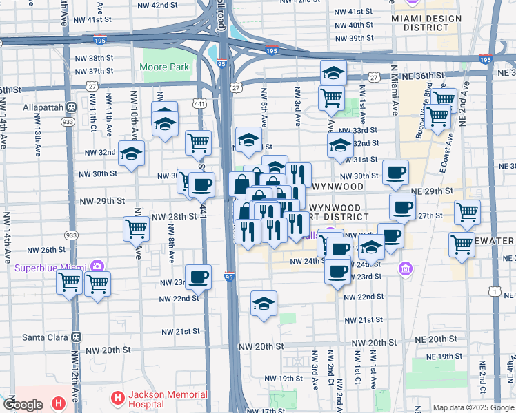 map of restaurants, bars, coffee shops, grocery stores, and more near 2800 Northwest 5 Avenue in Miami