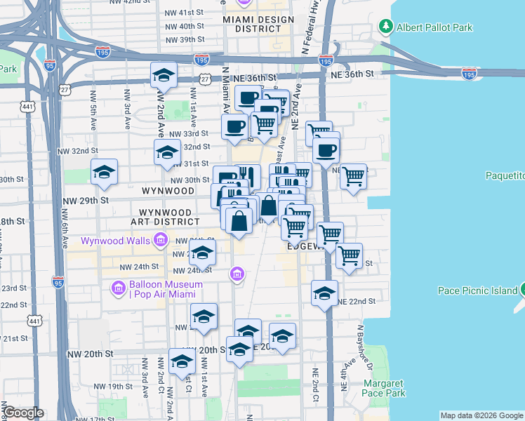 map of restaurants, bars, coffee shops, grocery stores, and more near 89 Northeast 27th Street in Miami