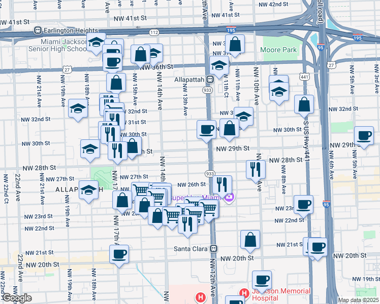 map of restaurants, bars, coffee shops, grocery stores, and more near 1278 Northwest 29th Street in Miami