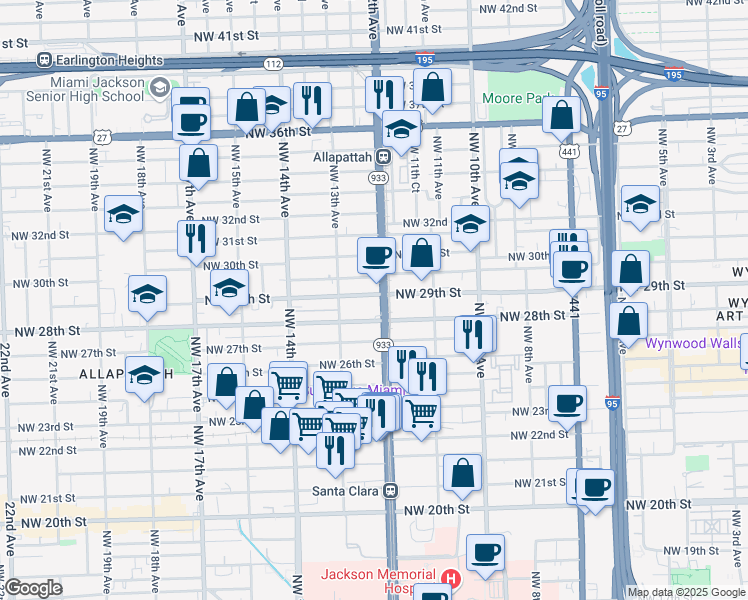 map of restaurants, bars, coffee shops, grocery stores, and more near in Miami