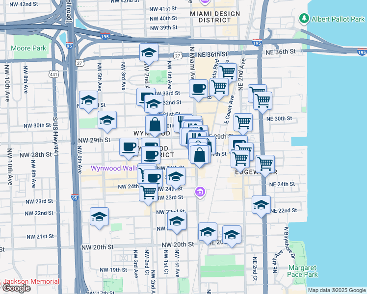 map of restaurants, bars, coffee shops, grocery stores, and more near 46 Northwest 28th Street in Miami
