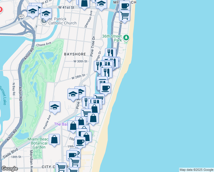 map of restaurants, bars, coffee shops, grocery stores, and more near in Miami Beach