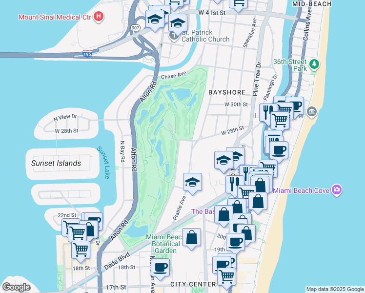 map of restaurants, bars, coffee shops, grocery stores, and more near 2455 Meridian Avenue in Miami Beach