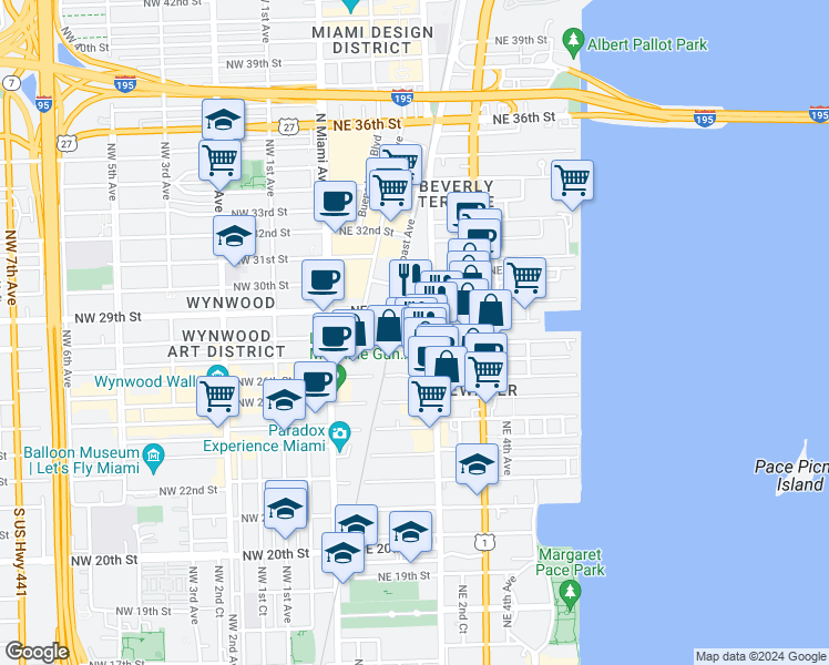 map of restaurants, bars, coffee shops, grocery stores, and more near 161 Northeast 27th Street in Miami