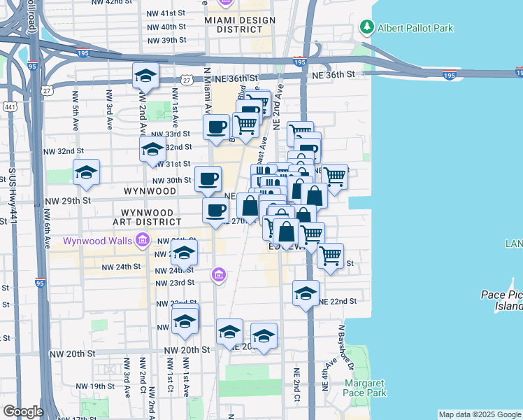 map of restaurants, bars, coffee shops, grocery stores, and more near 161 Northeast 27th Street in Miami