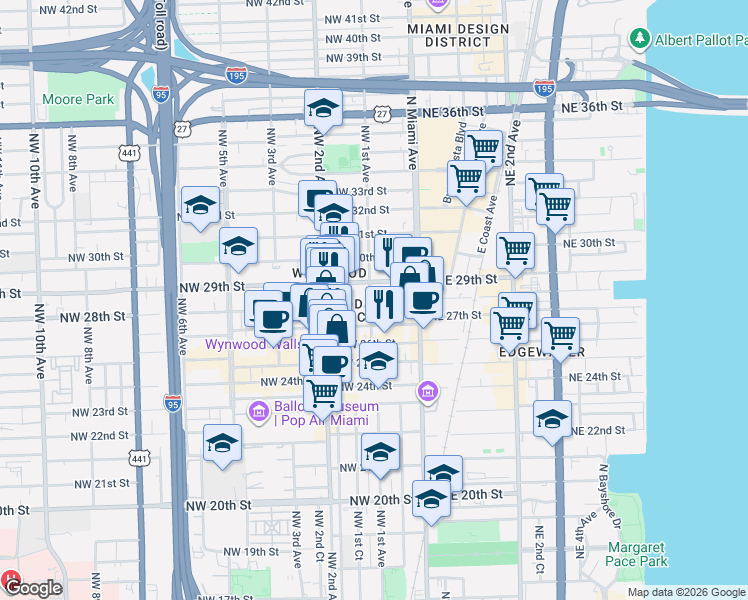 map of restaurants, bars, coffee shops, grocery stores, and more near 111 Northwest 28th Street in Miami