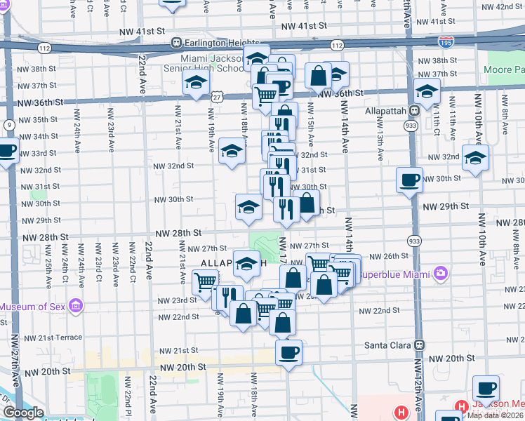map of restaurants, bars, coffee shops, grocery stores, and more near 1740 Northwest 29th Street in Miami