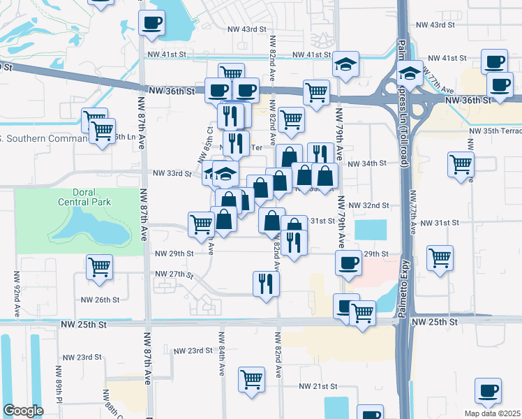 map of restaurants, bars, coffee shops, grocery stores, and more near 8200 Northwest 33rd Street in Miami