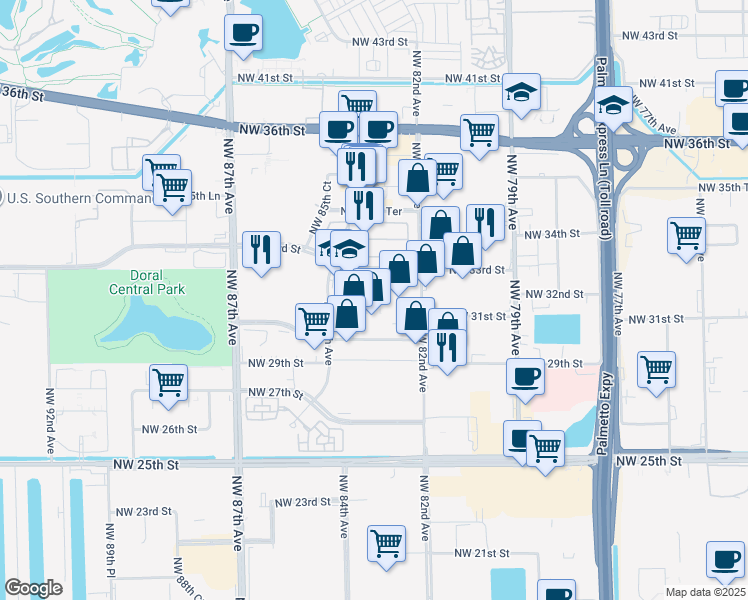 map of restaurants, bars, coffee shops, grocery stores, and more near 8300 Northwest 33rd Street in Doral