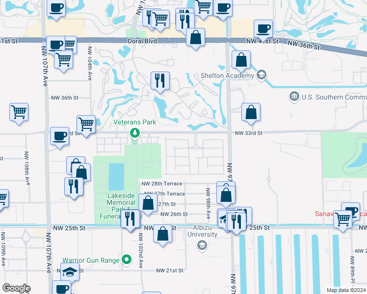map of restaurants, bars, coffee shops, grocery stores, and more near 9940 Northwest 31st Street in Doral